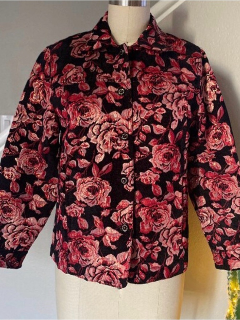 Women's Floral Quilted Blazer Jacket - Pink Rose on Black